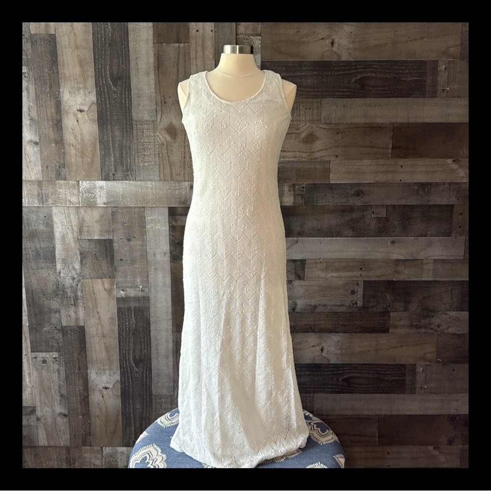 Sharagano sparkly white maxi dress size 8 cocktail party coquette cottagecore